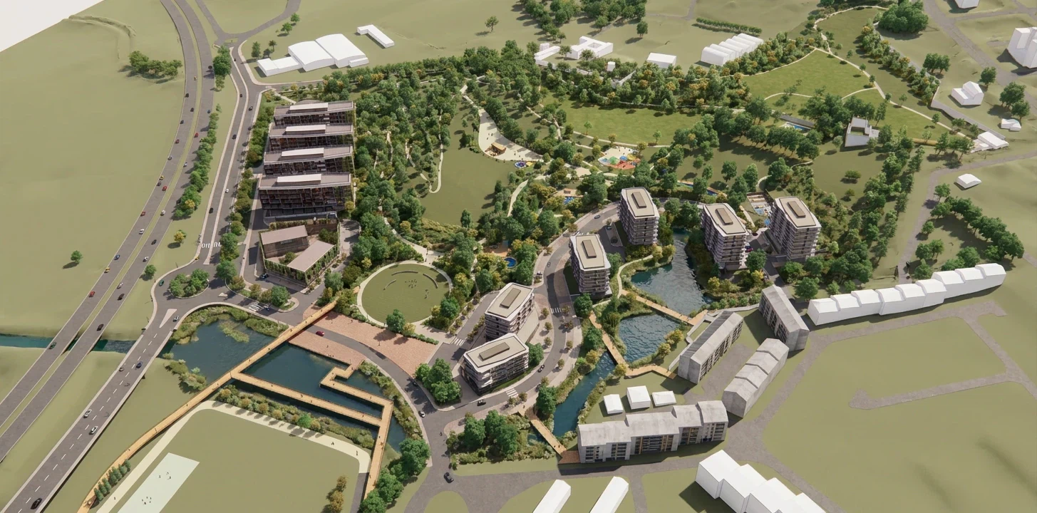 Overall aerial view of the execution unit: the EN8 skirting the western edge, the business park aligned along it, the park at the centre with its meadows and play area, and the housing buildings to the east along the watercourse.