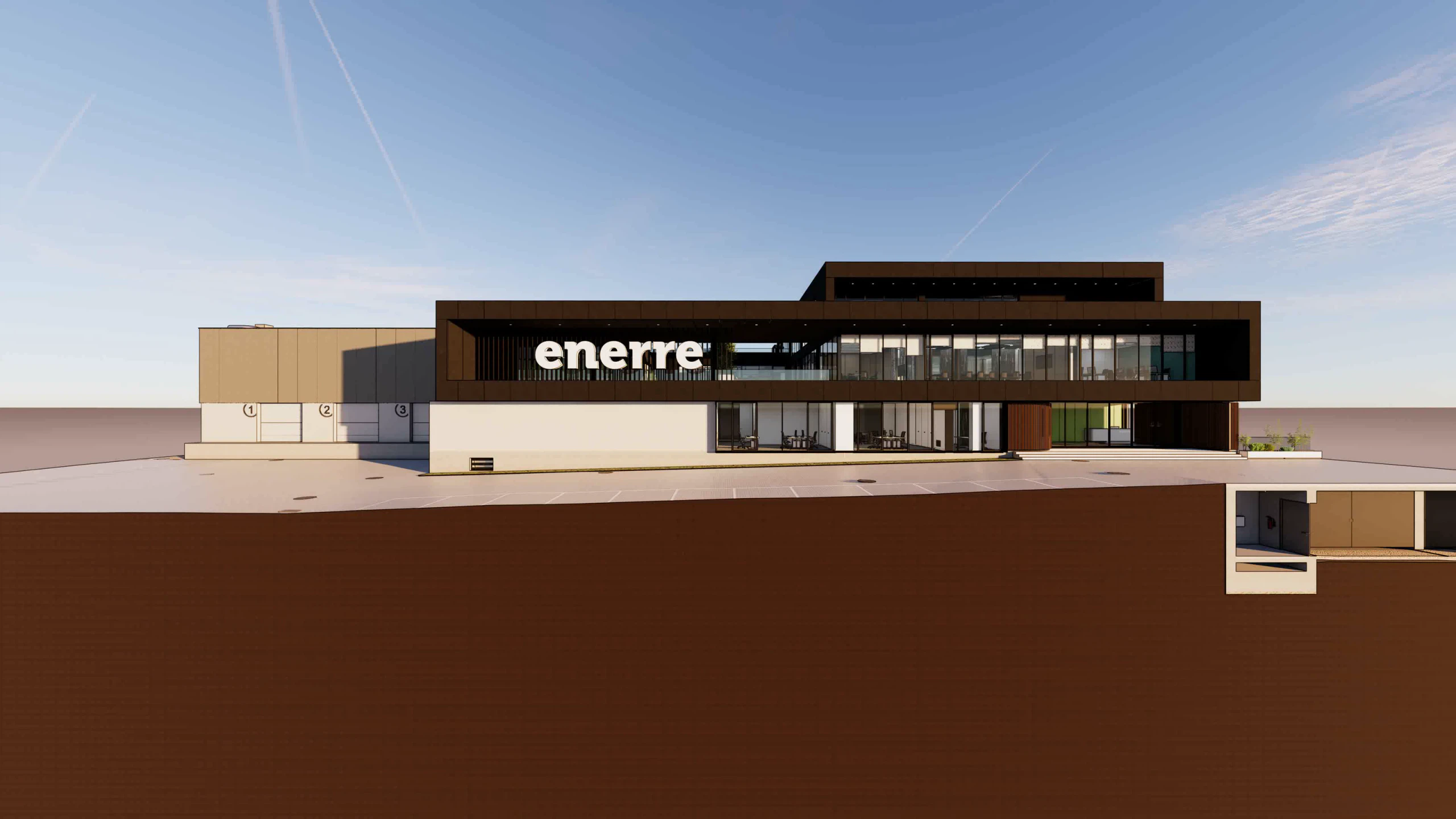 The headquarters' main elevation from a fixed camera, the light shifting from day to night: the 'enerre' sign and the glazed office floors light up over the access apron, with the warehouse and its numbered doors on the left.