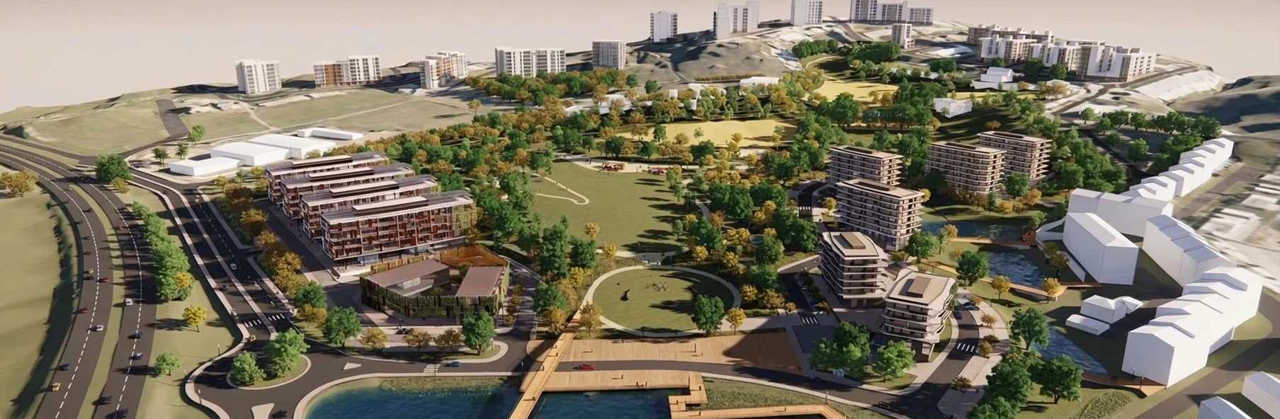 Render of the proposed scheme seen from the south-west: the EN8 and its roundabout in the foreground, the business park to the left, the urban park at the centre and the housing buildings along the watercourse to the right.