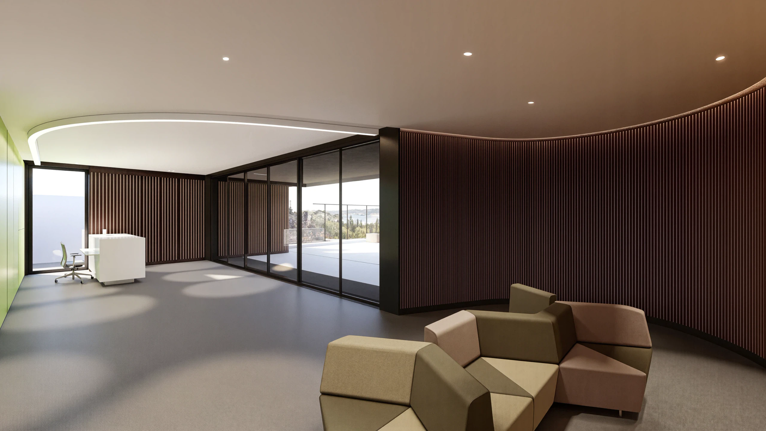 The office entrance hall: the curved wall of dark timber battens carries on across the ceiling, a linear light slot traces the curve, and opposite it the green cabinetry and reception desk open onto the glazing and the access apron.