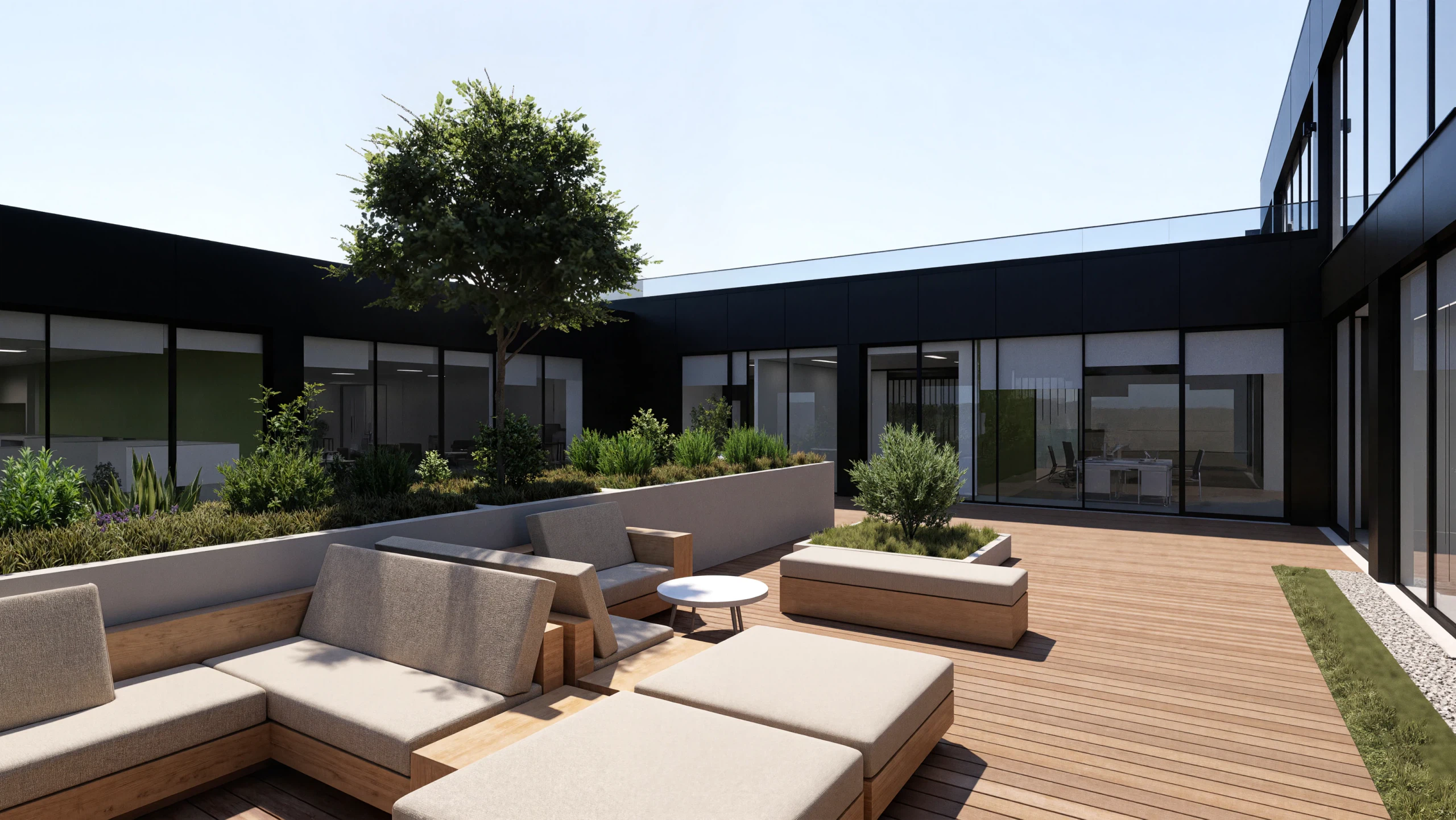 The first-floor terrace, set in the volume's central cut-away: timber decking, built-in benches and planters with a tree at the centre, framed on three sides by the office glazing.