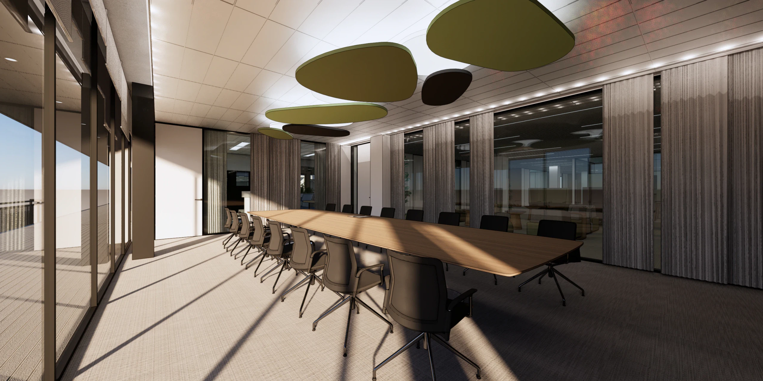 Option A for the meeting room: a flat white ceiling with oval acoustic clouds suspended in green and brown above the long light-timber table.
