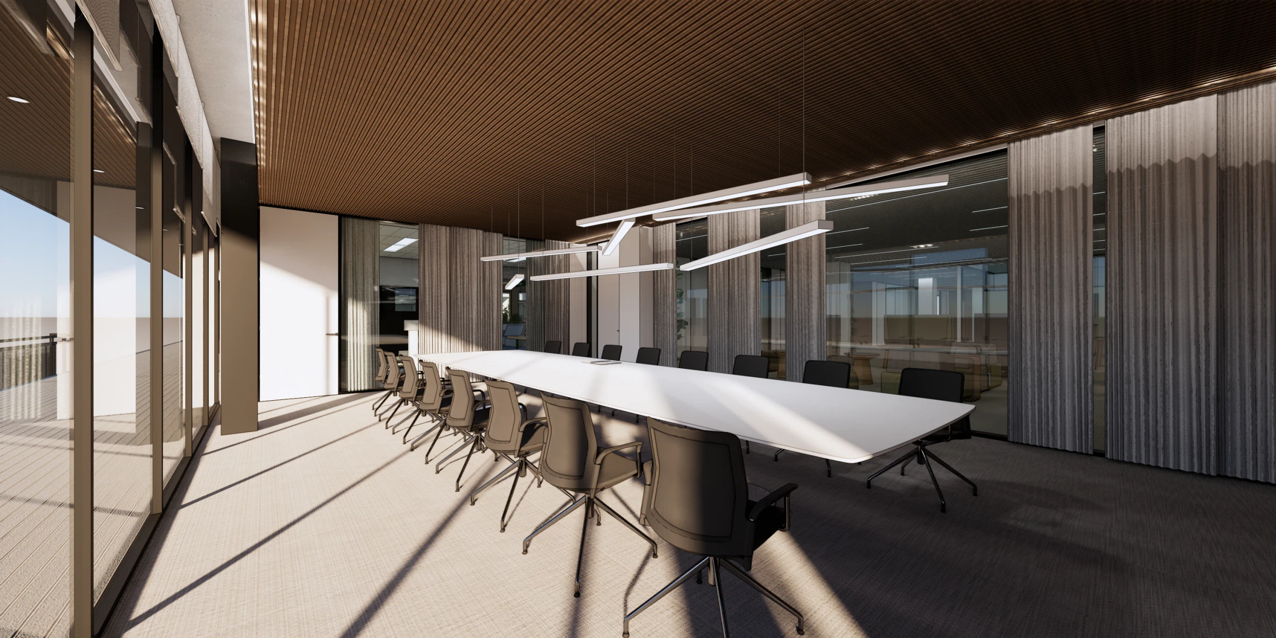 Option B for the same meeting room, from the same viewpoint: a ceiling lined in timber battens, linear pendant luminaires crossing above, and a white table.