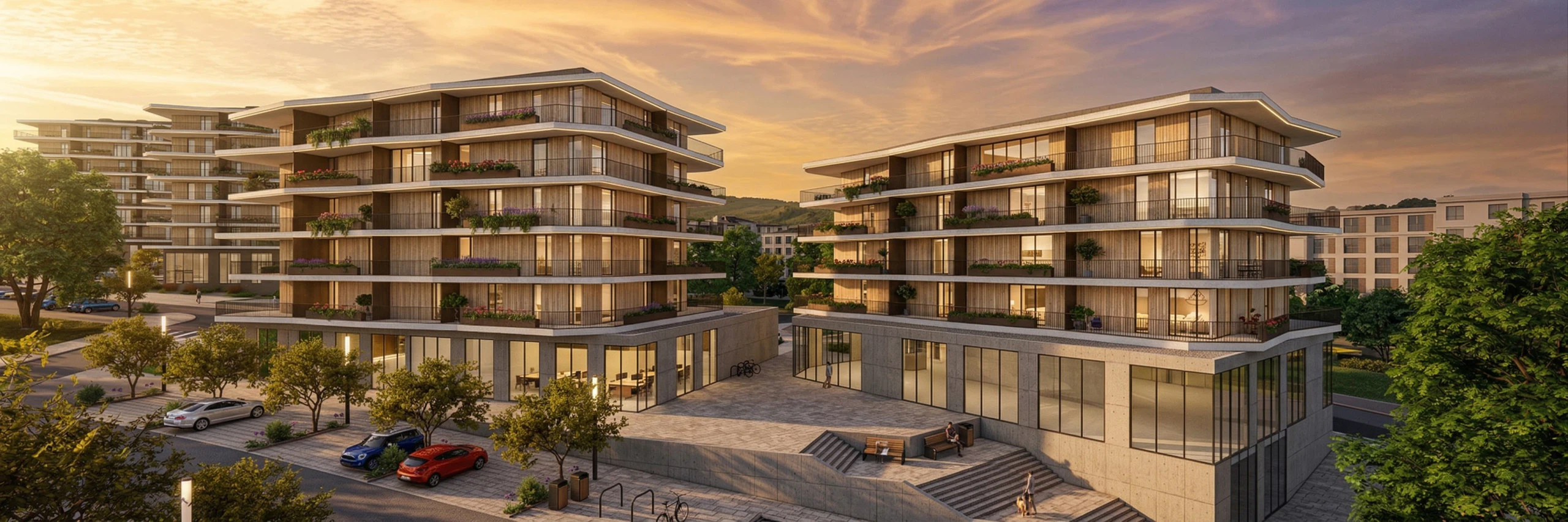 The two housing buildings close up: the continuous balconies with their planters, set on a glazed commercial plinth, and the raised square between them, with steps down to the tree-lined street.